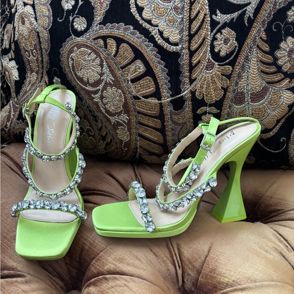 Shoes - Bright Lime Crystal-Embellished High Heel Sandals by Betsey Johnson.